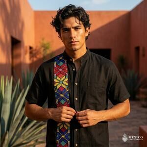 Black  Mexican embroidered  Short Sleeve Shirt – Artisan Cultural Style  EX LG